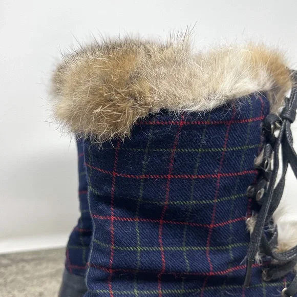 J. Crew plaid navy blue real fur duck boots, fur-lined rain boots, size 9 - Picture 6 of 9